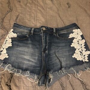 Indigo Rein Blue and White Jean Shorts with Lace Details